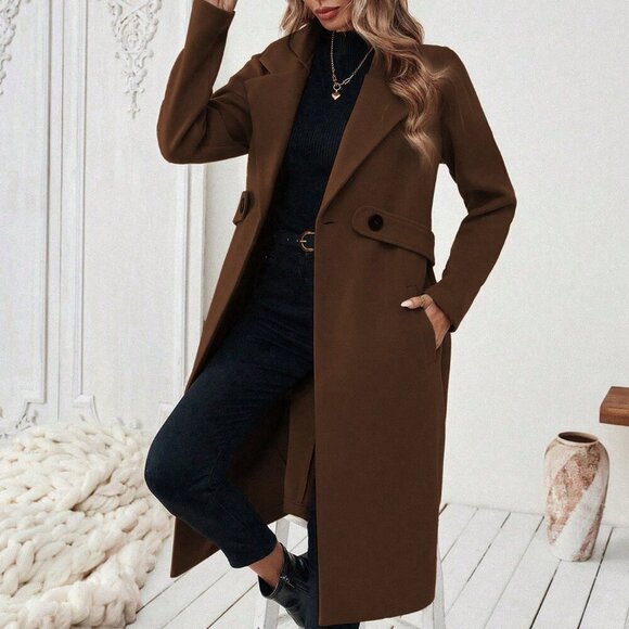 Coffee Brown Casual Women's Notched Collar long coat - Picture 3 of 6